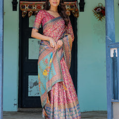 Rosewood Red Handloom Cotton Saree with Artistic Fish Pallu & Floral Vine Print