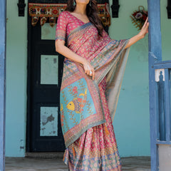 Rosewood Red Handloom Cotton Saree with Artistic Fish Pallu & Floral Vine Print