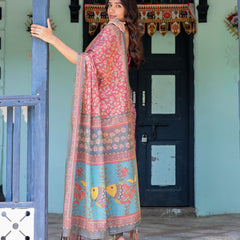 Rosewood Red Handloom Cotton Saree with Artistic Fish Pallu & Floral Vine Print
