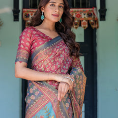 Rosewood Red Handloom Cotton Saree with Artistic Fish Pallu & Floral Vine Print