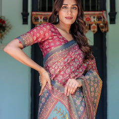 Rosewood Red Handloom Cotton Saree with Artistic Fish Pallu & Floral Vine Print