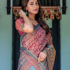 Rosewood Red Handloom Cotton Saree with Artistic Fish Pallu & Floral Vine Print