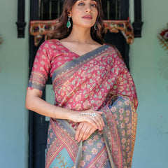Rosewood Red Handloom Cotton Saree with Artistic Fish Pallu & Floral Vine Print