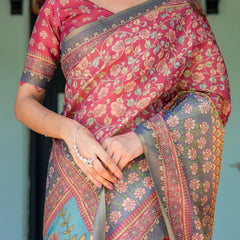 Rosewood Red Handloom Cotton Saree with Artistic Fish Pallu & Floral Vine Print