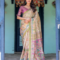 Ivory & Violet Handloom Cotton Saree with Royal Procession & Tree of Life Pallu