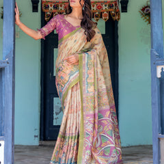 Ivory & Violet Handloom Cotton Saree with Royal Procession & Tree of Life Pallu