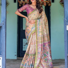 Ivory & Violet Handloom Cotton Saree with Royal Procession & Tree of Life Pallu