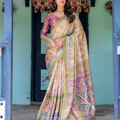 Ivory & Violet Handloom Cotton Saree with Royal Procession & Tree of Life Pallu