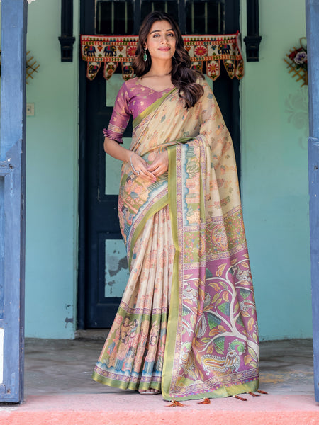 Ivory & Violet Handloom Cotton Saree with Royal Procession & Tree of Life Pallu