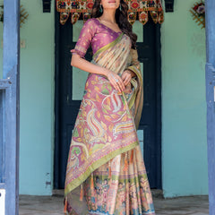 Ivory & Violet Handloom Cotton Saree with Royal Procession & Tree of Life Pallu