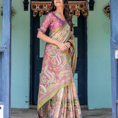 Ivory & Violet Handloom Cotton Saree with Royal Procession & Tree of Life Pallu