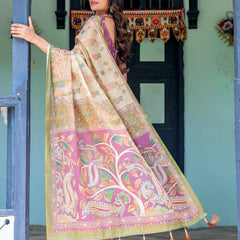 Ivory & Violet Handloom Cotton Saree with Royal Procession & Tree of Life Pallu