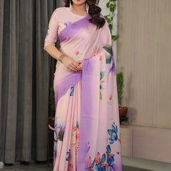 Lavender Pink Satin Georgette Floral Printed Saree with Ombre Border & Attached Blouse – Soft Pastel Designer Elegance