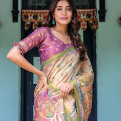 Ivory & Violet Handloom Cotton Saree with Royal Procession & Tree of Life Pallu
