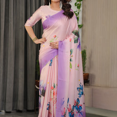 Lavender Pink Satin Georgette Floral Printed Saree with Ombre Border & Attached Blouse – Soft Pastel Designer Elegance