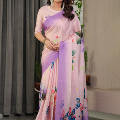 Lavender Pink Satin Georgette Floral Printed Saree with Ombre Border & Attached Blouse – Soft Pastel Designer Elegance