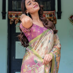 Ivory & Violet Handloom Cotton Saree with Royal Procession & Tree of Life Pallu