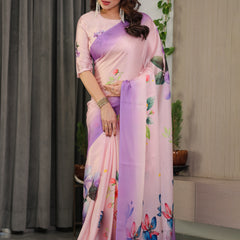 Lavender Pink Satin Georgette Floral Printed Saree with Ombre Border & Attached Blouse – Soft Pastel Designer Elegance