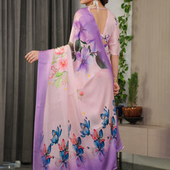Lavender Pink Satin Georgette Floral Printed Saree with Ombre Border & Attached Blouse – Soft Pastel Designer Elegance