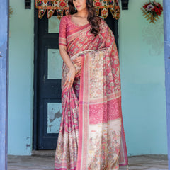 Maroon Rose Pink Handloom Cotton Saree with Traditional Procession Print & Floral Vine Motifs