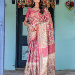 Maroon Rose Pink Handloom Cotton Saree with Traditional Procession Print & Floral Vine Motifs
