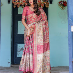 Maroon Rose Pink Handloom Cotton Saree with Traditional Procession Print & Floral Vine Motifs