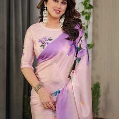 Lavender Pink Satin Georgette Floral Printed Saree with Ombre Border & Attached Blouse – Soft Pastel Designer Elegance