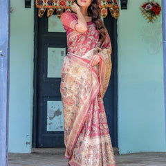 Maroon Rose Pink Handloom Cotton Saree with Traditional Procession Print & Floral Vine Motifs
