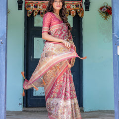 Maroon Rose Pink Handloom Cotton Saree with Traditional Procession Print & Floral Vine Motifs