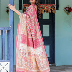 Maroon Rose Pink Handloom Cotton Saree with Traditional Procession Print & Floral Vine Motifs