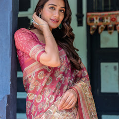 Maroon Rose Pink Handloom Cotton Saree with Traditional Procession Print & Floral Vine Motifs