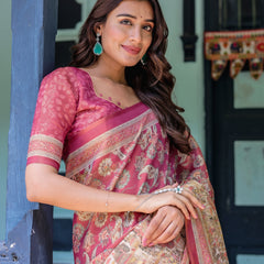 Maroon Rose Pink Handloom Cotton Saree with Traditional Procession Print & Floral Vine Motifs