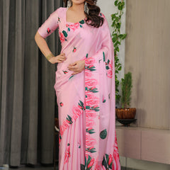 Baby Pink Satin Georgette Rose Floral Printed Saree with Attached Blouse – Elegant Soft-Flow Designer Saree
