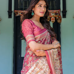 Maroon Rose Pink Handloom Cotton Saree with Traditional Procession Print & Floral Vine Motifs