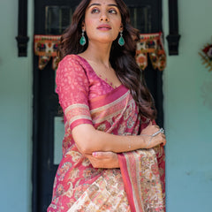 Maroon Rose Pink Handloom Cotton Saree with Traditional Procession Print & Floral Vine Motifs