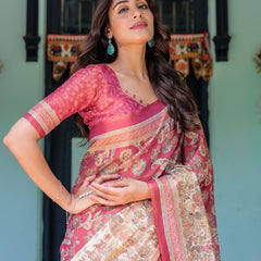 Maroon Rose Pink Handloom Cotton Saree with Traditional Procession Print & Floral Vine Motifs