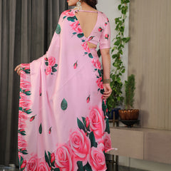 Baby Pink Satin Georgette Rose Floral Printed Saree with Attached Blouse – Elegant Soft-Flow Designer Saree