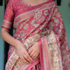 Maroon Rose Pink Handloom Cotton Saree with Traditional Procession Print & Floral Vine Motifs