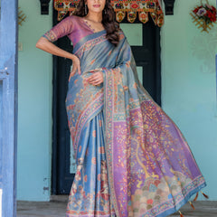 Dusky Blue & Violet Handloom Cotton Saree with Mythical Tree Art & Peacock Detailing