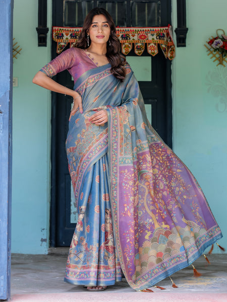 Dusky Blue & Violet Handloom Cotton Saree with Mythical Tree Art & Peacock Detailing