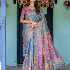 Dusky Blue & Violet Handloom Cotton Saree with Mythical Tree Art & Peacock Detailing