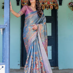 Dusky Blue & Violet Handloom Cotton Saree with Mythical Tree Art & Peacock Detailing