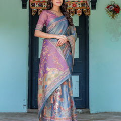 Dusky Blue & Violet Handloom Cotton Saree with Mythical Tree Art & Peacock Detailing