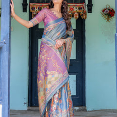 Dusky Blue & Violet Handloom Cotton Saree with Mythical Tree Art & Peacock Detailing