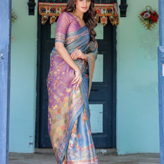 Dusky Blue & Violet Handloom Cotton Saree with Mythical Tree Art & Peacock Detailing