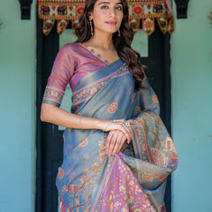Dusky Blue & Violet Handloom Cotton Saree with Mythical Tree Art & Peacock Detailing