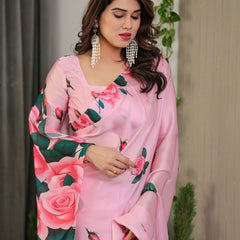 Baby Pink Satin Georgette Rose Floral Printed Saree with Attached Blouse – Elegant Soft-Flow Designer Saree