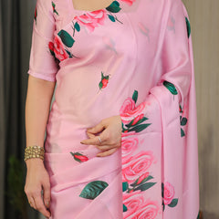 Baby Pink Satin Georgette Rose Floral Printed Saree with Attached Blouse – Elegant Soft-Flow Designer Saree