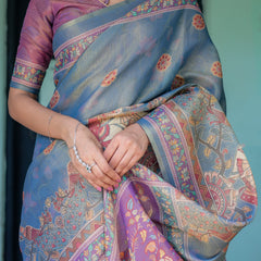 Dusky Blue & Violet Handloom Cotton Saree with Mythical Tree Art & Peacock Detailing