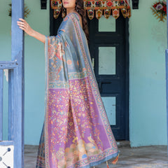 Dusky Blue & Violet Handloom Cotton Saree with Mythical Tree Art & Peacock Detailing